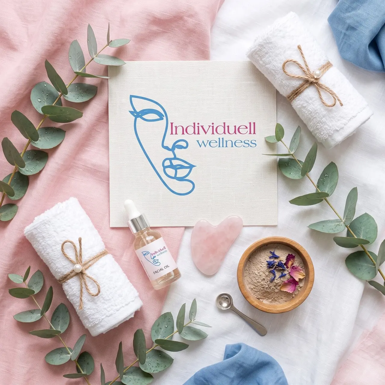 Rosa-blaue Bildwelt mit dem originalen Individuell-Wellness-Logo von unserer Facebook-Seite