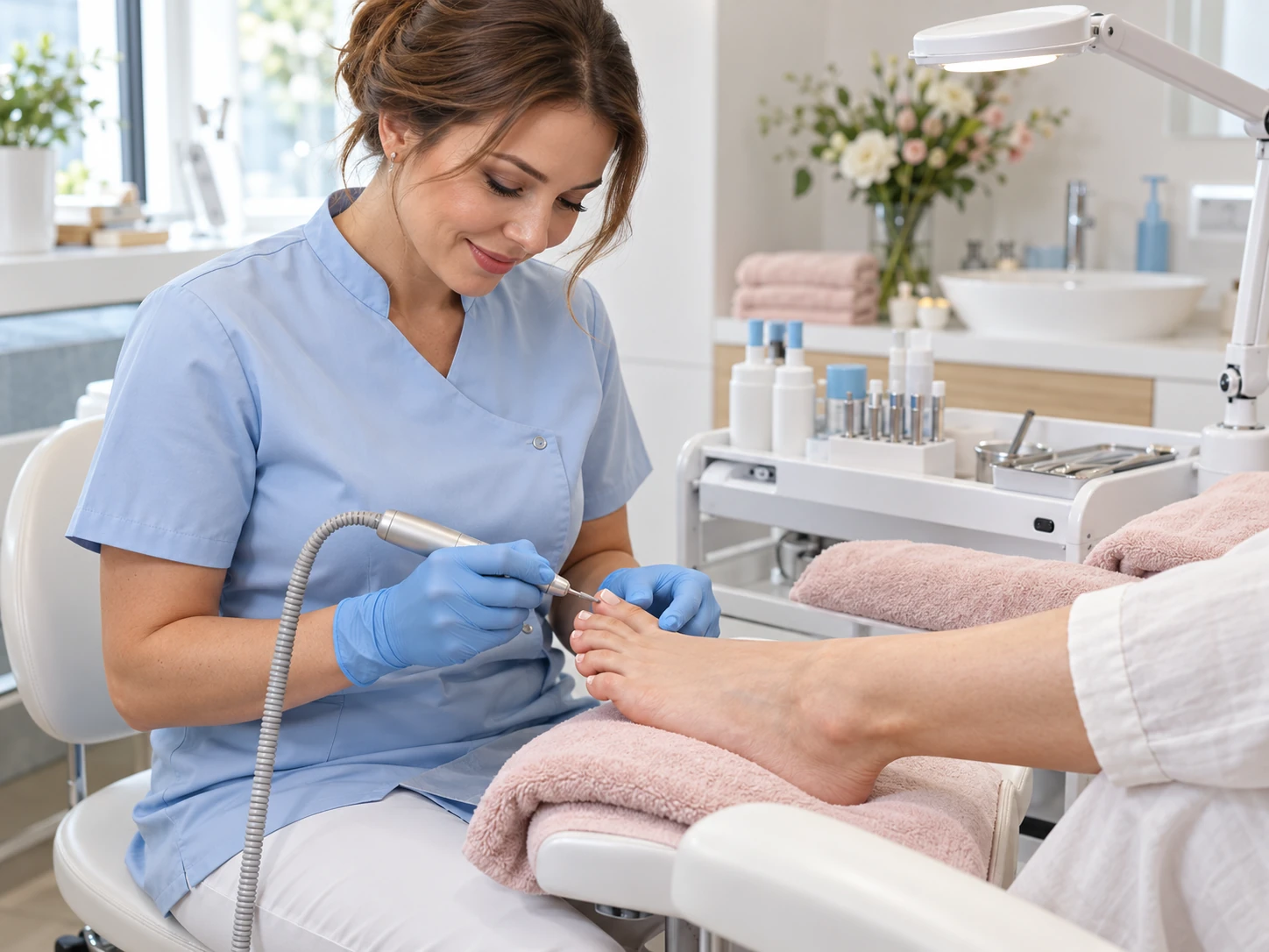 Fußpflegerin in Berufskleidung mit professioneller elektrischer Pedikürfeile