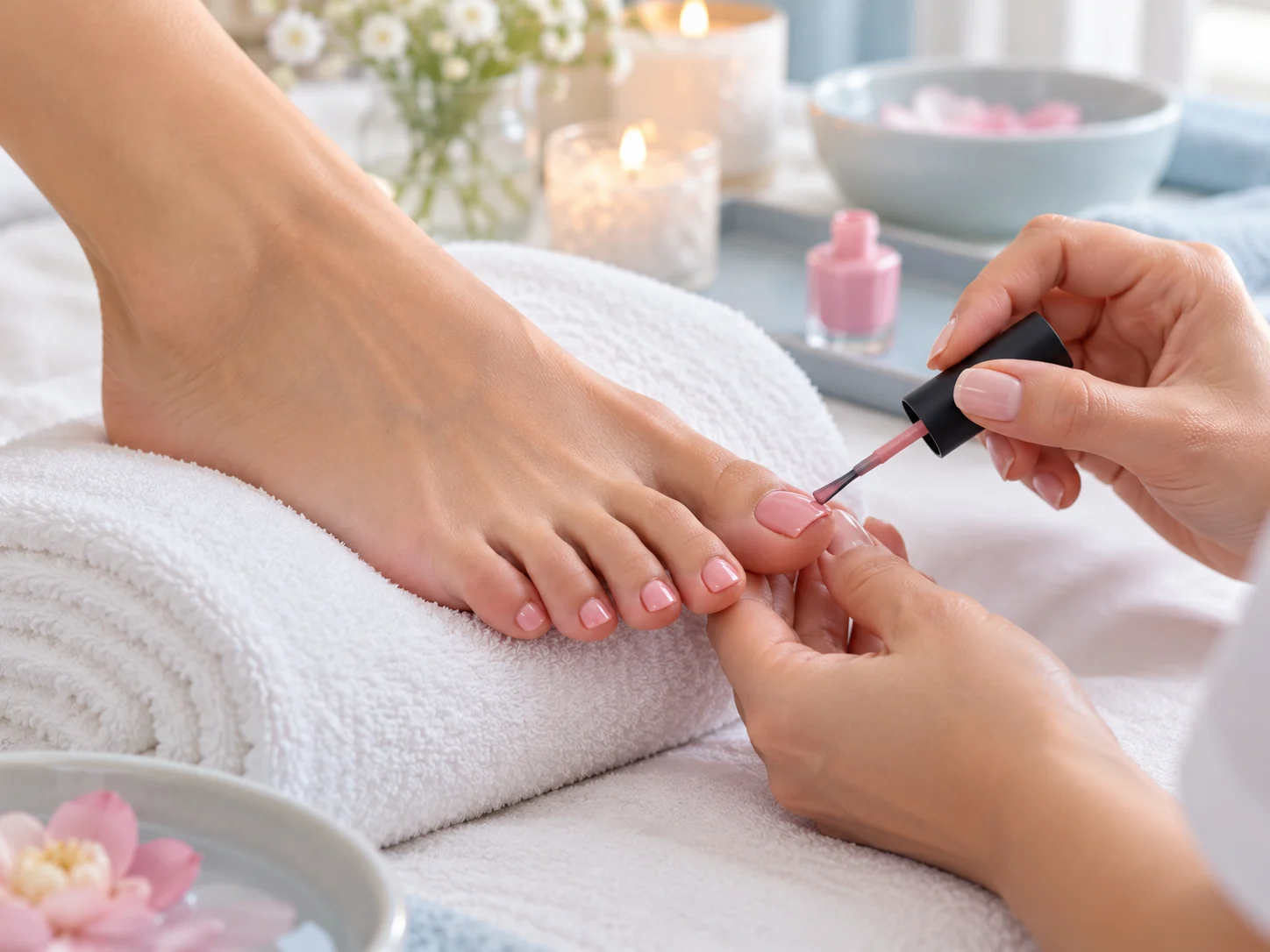 Sorgfältige Pediküre mit rosafarbenem Nagellack